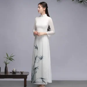 Traditional Vietnam Ao dai Women Spring Long Dress Cheongsam Vintage Bamboo Print Chiffon White Chipaoo