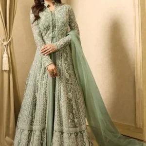 mint green Pakistani prom Dress Embroidery Anarkali Gown lace applique long sleeve caftan kaftan Bollywood Party evening gown