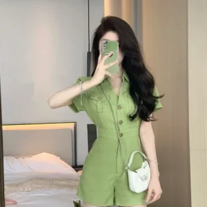 2025 Summer New Women Turn Down Collar Short Jumpsuits Female Solid Color Loose Shorts Ladies Short Sleeve Wide Leg Rompers P68