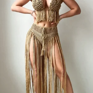 Women Floral Crochet Flower Long Tassel Bikini Set Summer Swimwear Halter Neck String Tie Bottom High Waist Cover Up Swimsuit