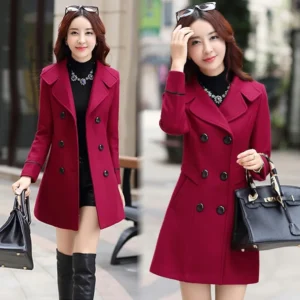 Women's Long Woolen Coat Hot Sale Of The Season Autumn Winter Slim Fit Double Breasted Fashionable Commuter Style Polyester F...