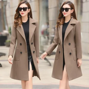 Women Wool Coat Lapel Trench Coat Long Jacket Woolen Overcoat Slim Fit Pockets Versized 2025 Lady Luxury Street Outerwear