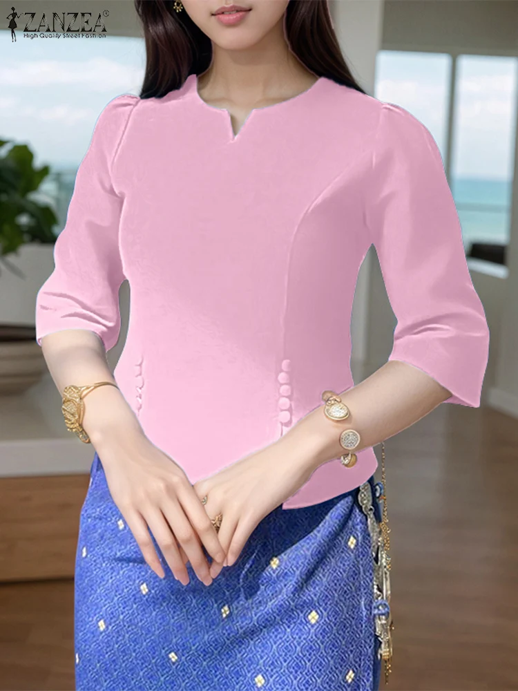 Vintage Blouse Women Spring 3/4 Sleeve Tops Fashion Work Pullovers Casual Loose V Neck Tunic Solid Buttons Blusas ZANZEA 2025 - Image 2