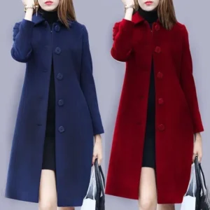 Women Woolen Blend Trench Coats Cold Winter Thicken Turn Down Collar Long Sleeve Overcoats Outwear SMSM-LLG5641