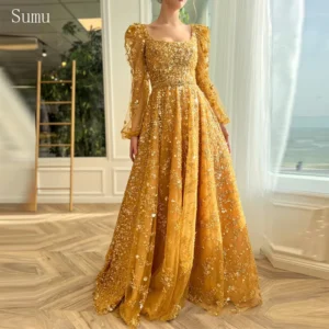 Square Collar Beaded Prom Dress Long Sleeve Pleated vestidos de noche A-Line Floor-Length Wedding Party Customized