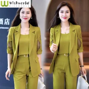 2025 Autumn New Vintage Hollow Short Sleeve Jacket with Tank Top Casual Pants Three Piece Elegant Women's Pants Suit Office Set