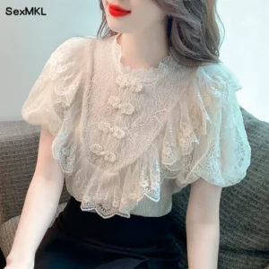 Vintage Lace Blouses Women Summer 2026 Elegant Fashion Casual Puff Sleeve Ladies Tops Korean Style Slim Y2k Chiffon Shirts