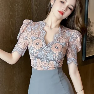 New French Fashion Elegant Blouse Female Hook Floral See Through Women Tops Outfits Sheer Lace Sexy T-Shirts Tees Party Clothes