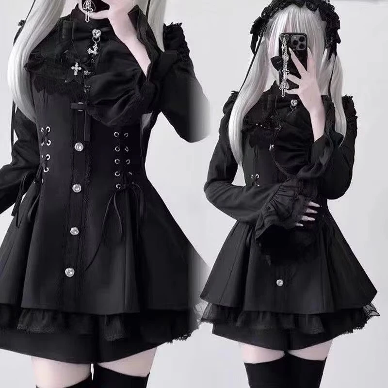 Japanese Gothic Lolita Dress Set Women Harajuku Y2k Bow Lace Ruffles Collar Mini Dresses Female Elegant Party Cute Dress - Image 5