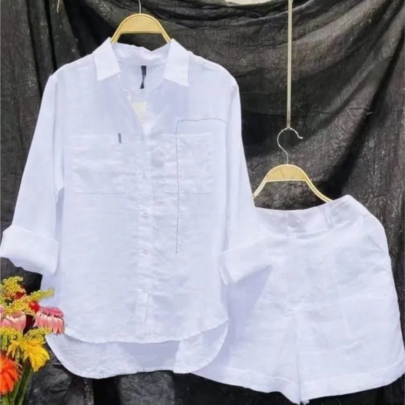 Summer Cotton Linen Casual Home 2 Piece Set For Women 2024 Fashion White Long Sleeve Shirt And Shorts Two Piece Sets Tracksuit - Image 7