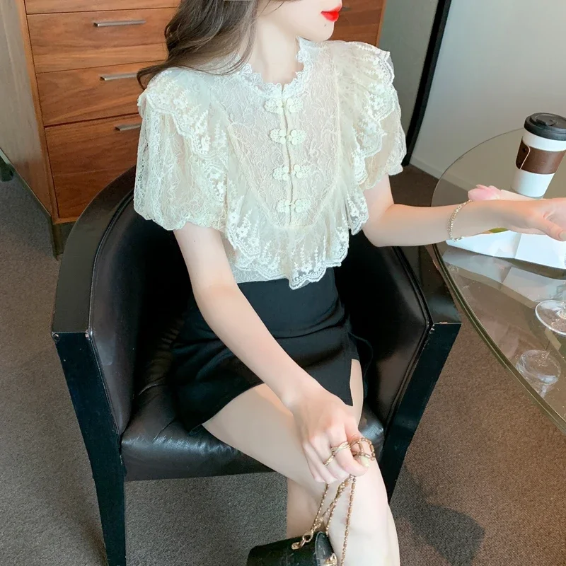 Vintage Lace Blouses Women Summer 2026 Elegant Fashion Casual Puff Sleeve Ladies Tops Korean Style Slim Y2k Chiffon Shirts - Image 3