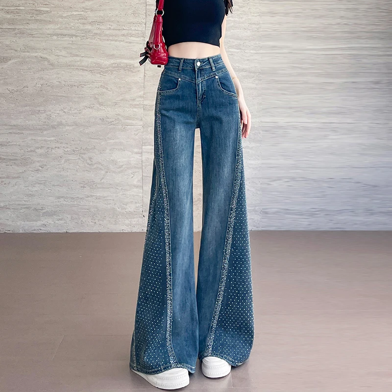 High Waist Wide Leg Jeans For Women Bell Bottom Pants Flared Pants Hotfix Rhinestone Patchwork Dragging Pants - Image 3