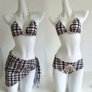 Low-Waist Plaid Bikini with Drawstring Strap Thermal Spring Swimsuit Women's Fashionable Vintage Lace Detailing By-Jane