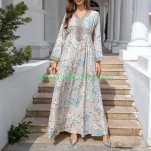 Women Muslims Dress Robe Flower Print Dress Islamic Full Length Dress Loose Middle East Thobe Female Long Sleeves Dress