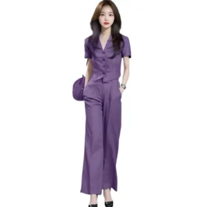 Fashion Suit Women's Summer New Foreign-style  V-neck Short-sleeved Wide-leg Pants Temperament Age-reducing Two-piece Set Trendy