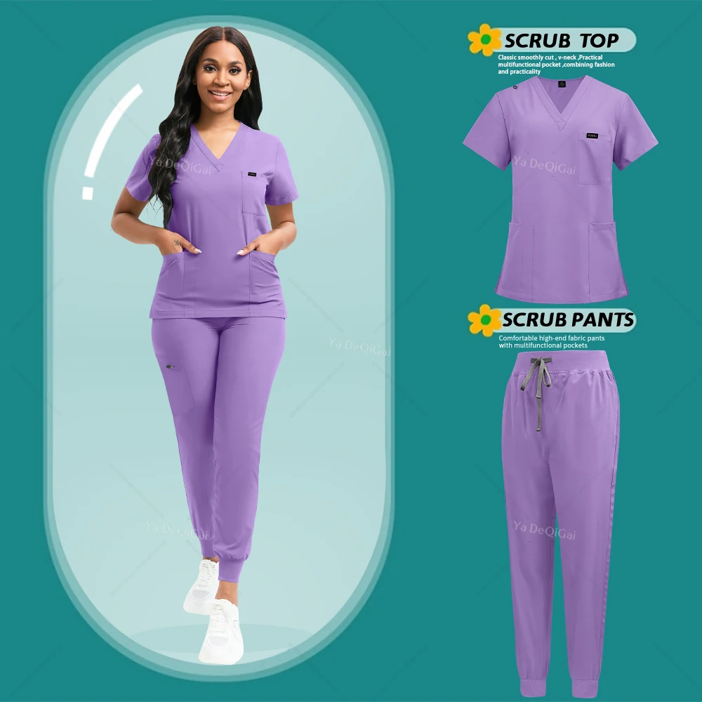 Stretch Scrubs Women Set Nursing Uniforms Clinical Scrubs Set Nurse Doctor Dustproof Workwear Medical Scrubs Top+ Jogger Pants - Image 7