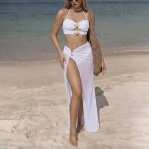 Vintage White Mesh Long Skirt 3 Piece Bikini Set 2026 Swimwear Women Metal Starfish Hollow Out Push Up Bra High Waist Swimsuit