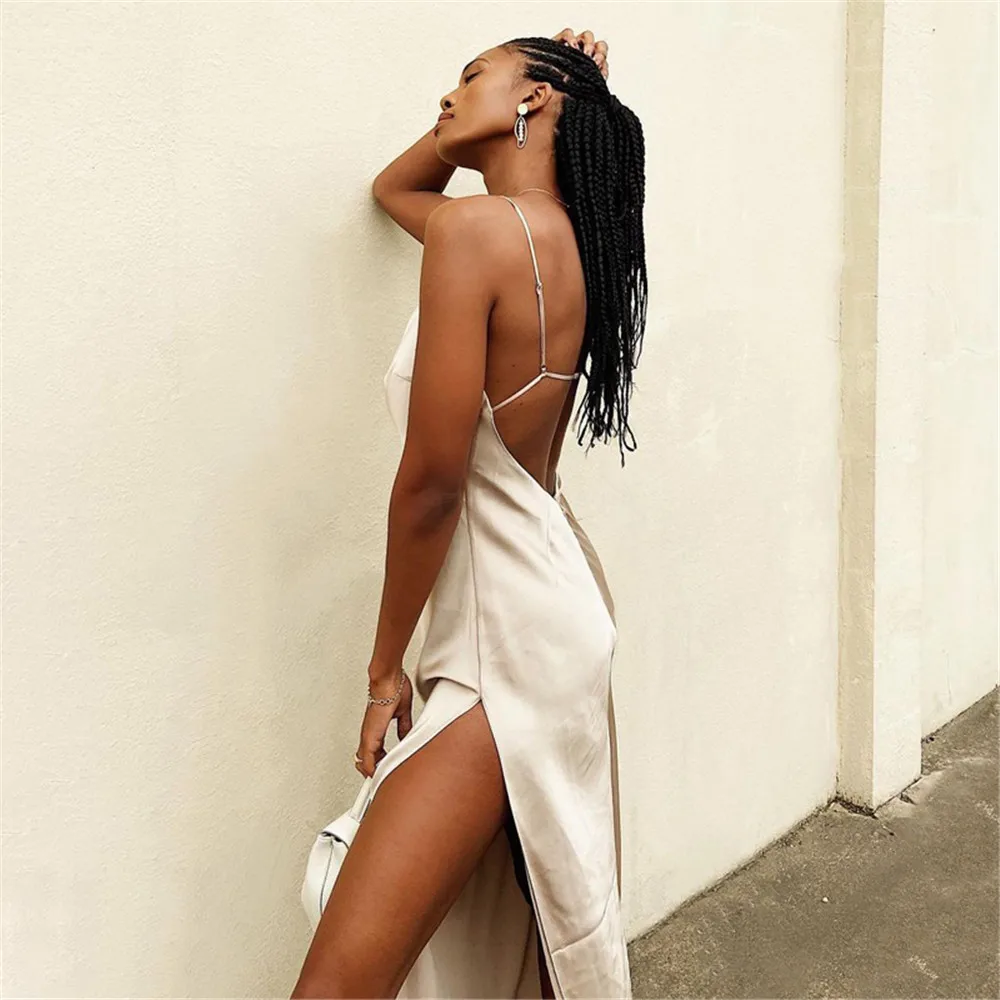 Satin Silky Spaghetti Strap Split Backless Summer Women Long Dress Bodycon Evening Beach Party Dress - Image 4