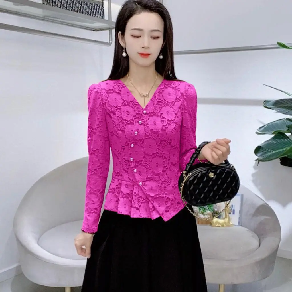 Fashionable Autumn New Style Anti-aging Long Sleeved Versatile Lace Shirt Stylish T-shirt Base Top - Image 5
