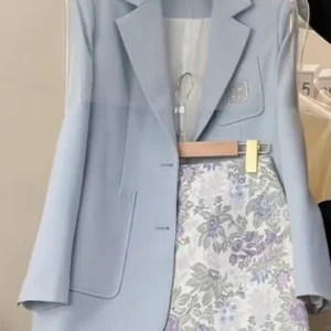 skirt sets Suit vest skirt spring new beautiful Korean blue coat printed skirt suit female sfashion sense blue suit floral skirt