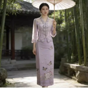 Little Nyonya Clothing Butterfly Flower Embroidery Lace V-neck Set for Women