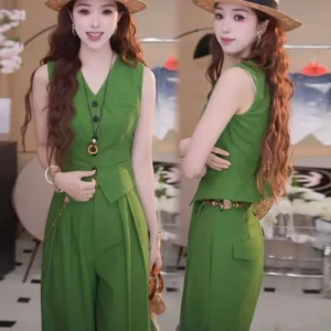 New French Summer Women's Suit Fashion Sleeveless Slim Vest Top + High Waist Wide Leg Pants Elegant Office Lady Two Piece Set