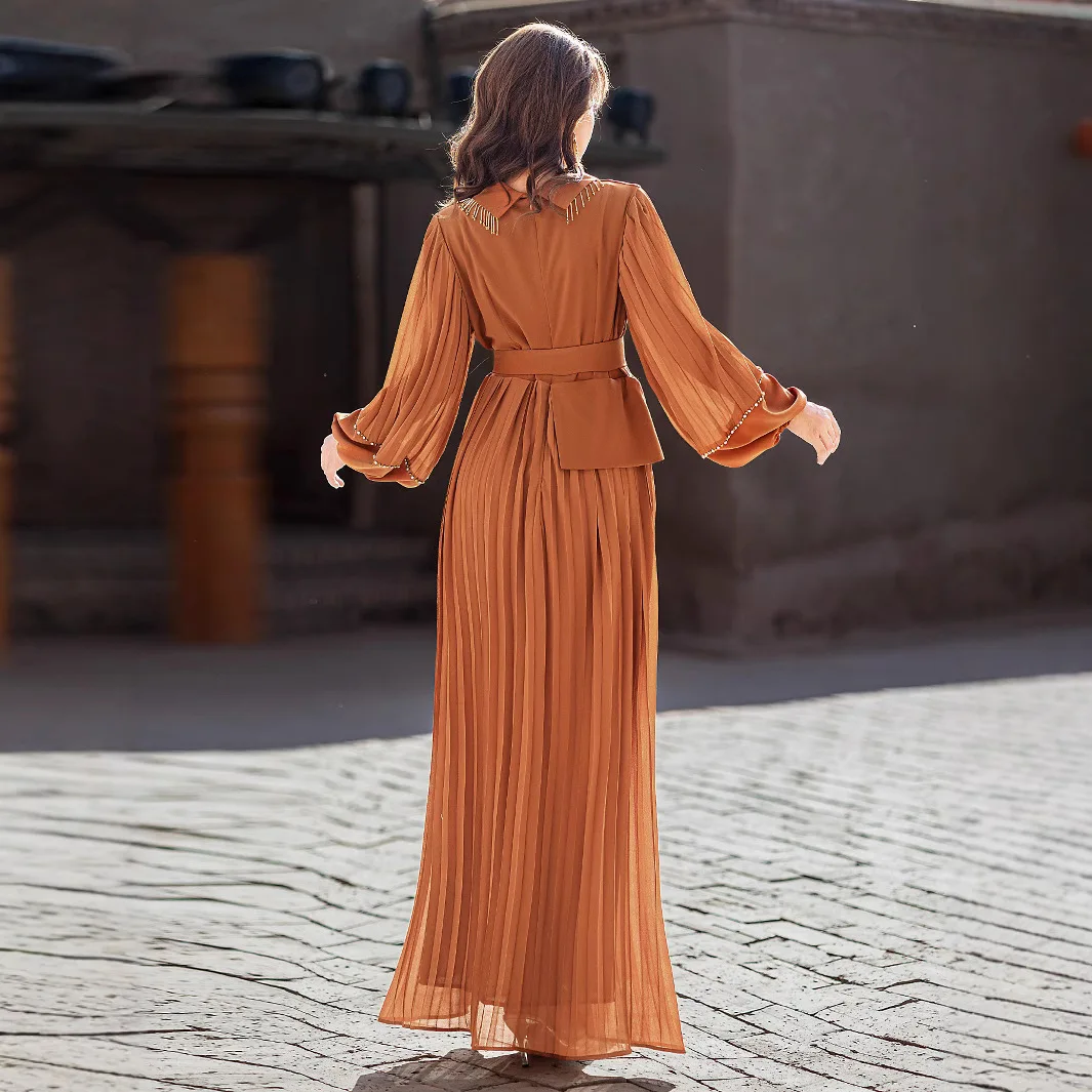 Fashion Women Diamonds Pleated Maxi Dress Lapel Abaya Dubai Kaftan Eid Ramadan Muslim Dresses Turkey Robe Femme Vestidos Caftan - Image 3