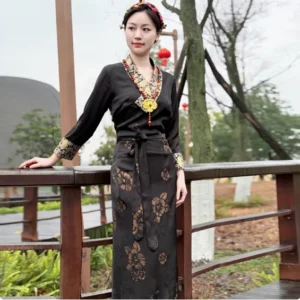 Chinese Spring Tibetan Women Stand Collar Bola Guozhuang Skirt Xizang Clothes