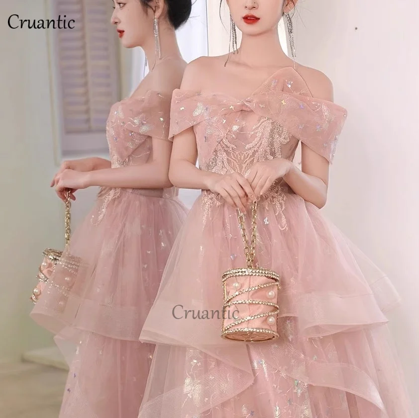 Luxury Pink Tulle Pleated Prom Dress Shiny Sequines Off The Shoulder Bridesmaid Dress For Wedding Sweet Women Long Evening Gowns - Image 3