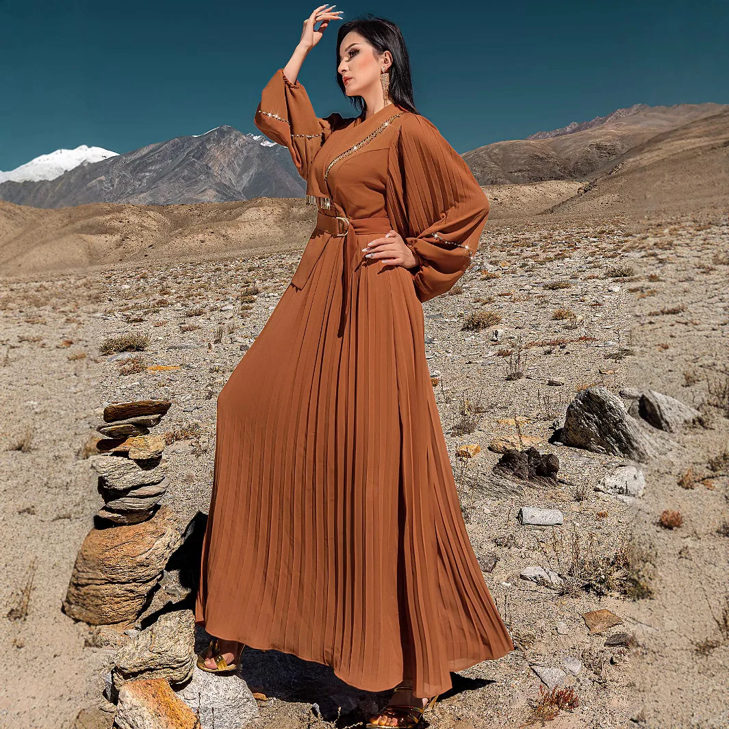 Fashion Women Diamonds Pleated Maxi Dress Lapel Abaya Dubai Kaftan Eid Ramadan Muslim Dresses Turkey Robe Femme Vestidos Caftan - Image 4