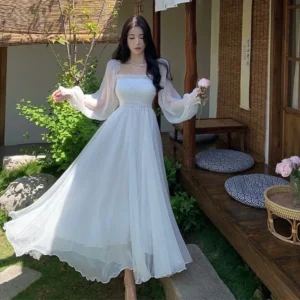 Seaside Holiday Party Dress Women Elegant White Fairy Chiffon Long Dresses Ladies Sweet Slash Neck Off Shoulder Boho Maxi Dress