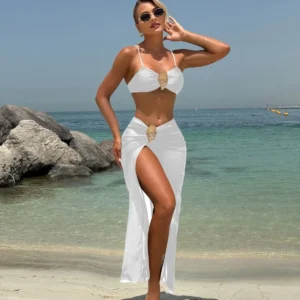 Vintage White Swimsuit Women Metal Oyster Buckle Push Up Mesh Long Skirt 3 Piece Bikini Set 2025 Holiday Bathing Suit Swimwear