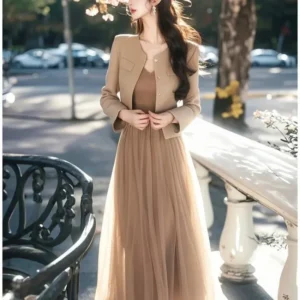 New Light Luxury Fashion Autumn Two Piece Set Women High end Elegant O-neck Long Sleeve Blazer + Slim Dress Suit Office Lady