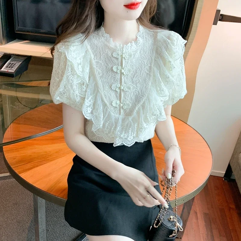 Vintage Lace Blouses Women Summer 2026 Elegant Fashion Casual Puff Sleeve Ladies Tops Korean Style Slim Y2k Chiffon Shirts - Image 4