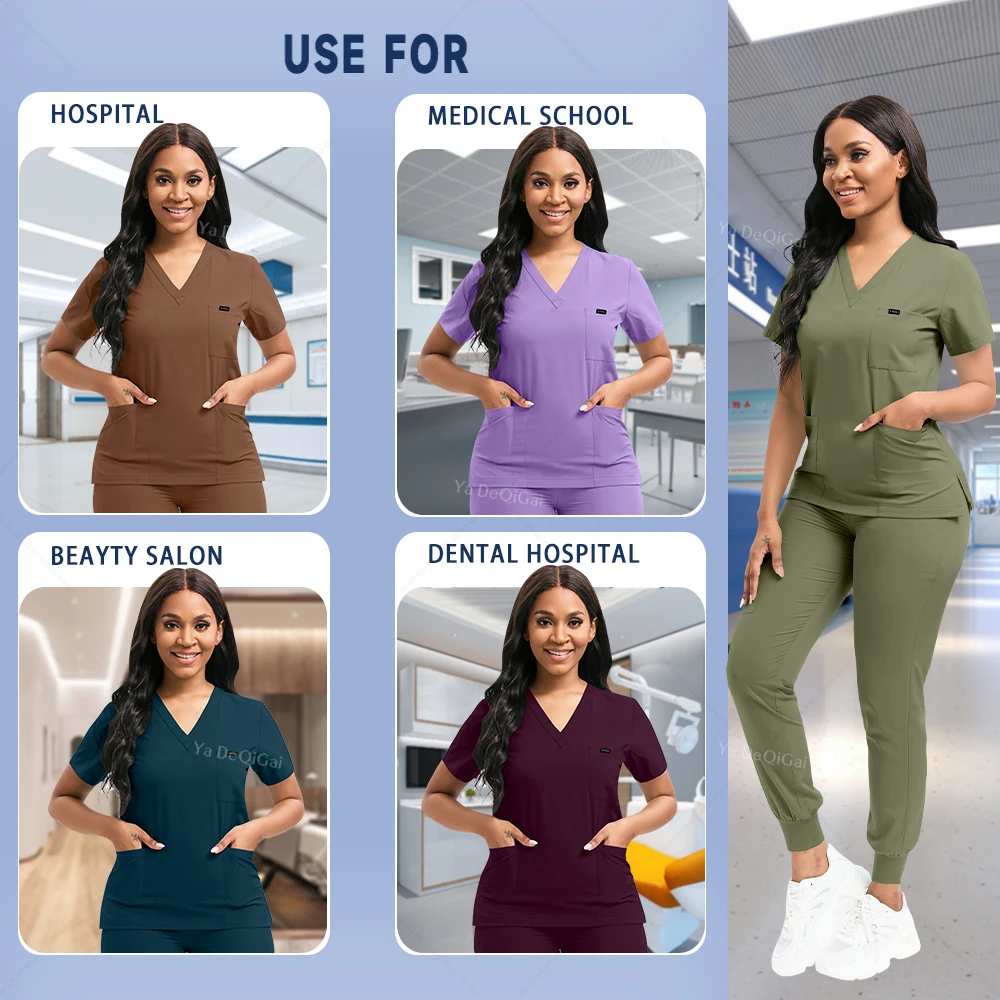 Stretch Scrubs Women Set Nursing Uniforms Clinical Scrubs Set Nurse Doctor Dustproof Workwear Medical Scrubs Top+ Jogger Pants - Image 3