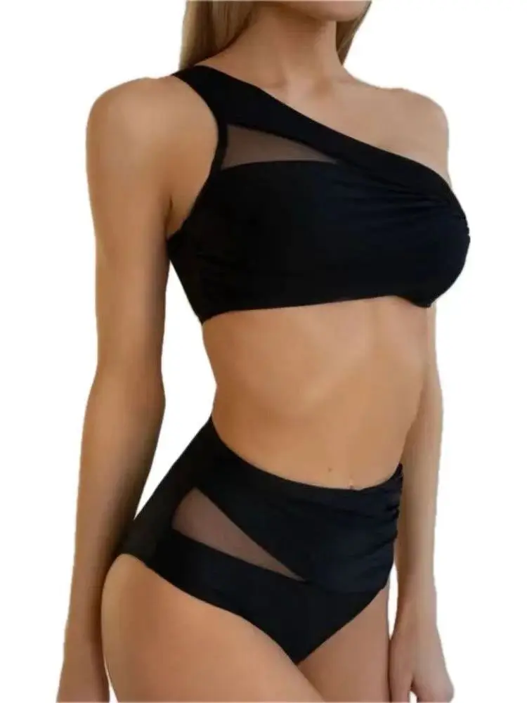 Cikini-Women's Split Solid Color Mesh Spliced Bikinis Set, Pleated Swimsuit, Summer Beach Swimwear, Bathing Suit for Women - Image 7