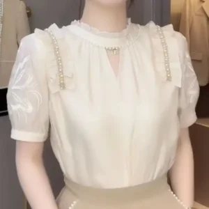 Luxury Casual Bow Blouse for Women New Summer Short Sleeved Loose and Stylish