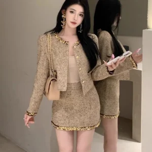 French Style Short Coat And Skirt Set with Large Flower Pattern Sequin Long Sleeve Women's Autumn Winter Fashion Bodycon Mini Dr