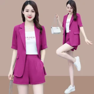 2026 Summer New Korean Casual Short Sleeved Blazrs Jacket Matching Set Women's Fashion Professional Suit Coat Shorts Two-piece
