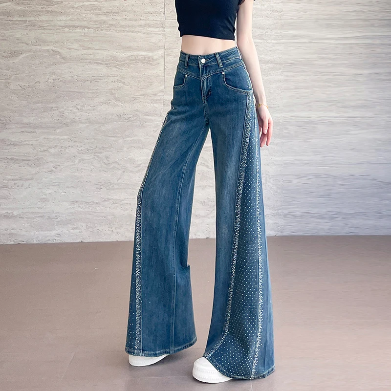 High Waist Wide Leg Jeans For Women Bell Bottom Pants Flared Pants Hotfix Rhinestone Patchwork Dragging Pants - Image 4