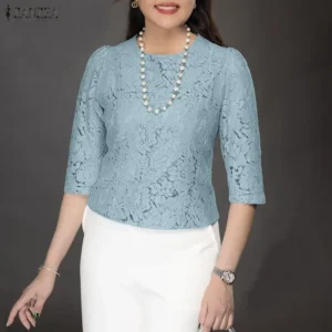 ZANZEA Woman Elegant Lace Layering Blouse O-Neck 3/4 Sleeve Princess Seams Slim-Fit Short Tops Summer Patchwork Blusas de Mujer