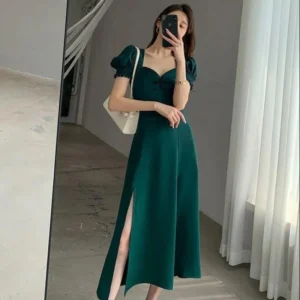 Women Summer V-neck Puff Short-sleeved Dress Elegant Female Side Slit Long A-Line Dresses Solid Sexy Slim Evening Party Vestidos