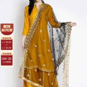 Indian Saree Long Cotton Silk Yellow Ethnic Style Thin Breathable Top Pants Scarf Indian Sari Traditional Indian Clothing Set