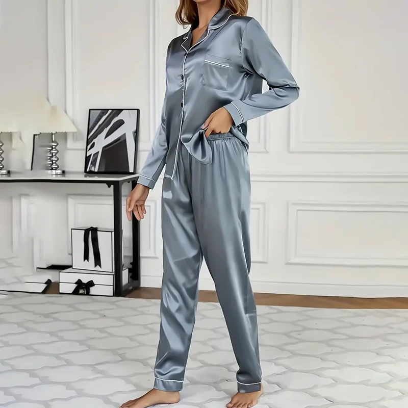 Women's Sleepwear Simple Satin Pajama Set Long Sleeve Buttons Lapel Top With Elastic Pants Loungewear Nightwear 2 Piece Nighty - Image 8