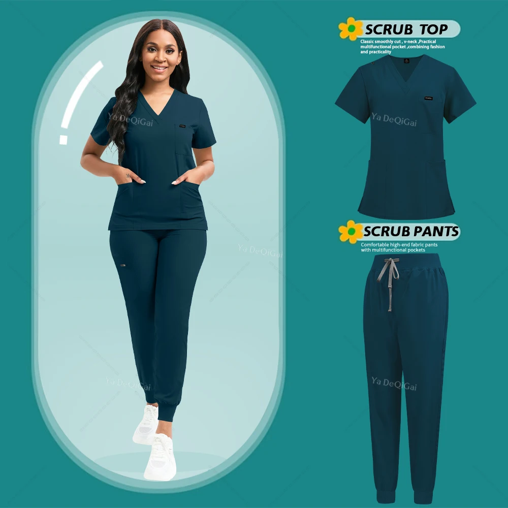 Stretch Scrubs Women Set Nursing Uniforms Clinical Scrubs Set Nurse Doctor Dustproof Workwear Medical Scrubs Top+ Jogger Pants - Image 15