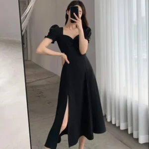Solid Puff Short-Sleeved Elegant Slit Dress New Fashion Women V-neck Full Dresses Ladies High Waist Slim Evening Party Vestidos