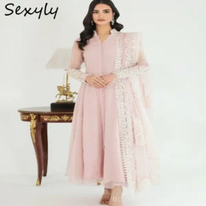 Elegant Indian Arabic Pink Evening Dress With Dupatta Long Sleeve Pakistan Moroccan Kaftan Prom Dress Eid Formal Occasion Party