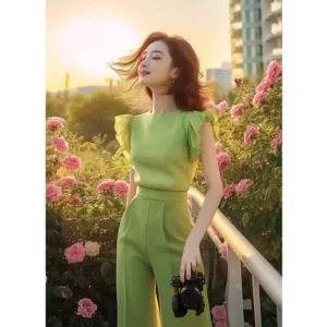 New Korean Fashion High End Two Piece Sets Women Green Ruffles Sleeveless O-neck Blouse Top + Pants Trousers Casual Outfits