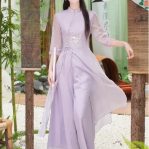 Aude Improved Cheongsam Pants Set with Chinese Style Tea Art Clothing