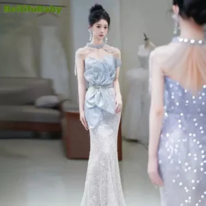 BeitifuBaby Evening Dresses for Women Elegant Ladies Banquet Gown Strapless Bow Light Luxury Fishtail Skirts Sequins Party Dress